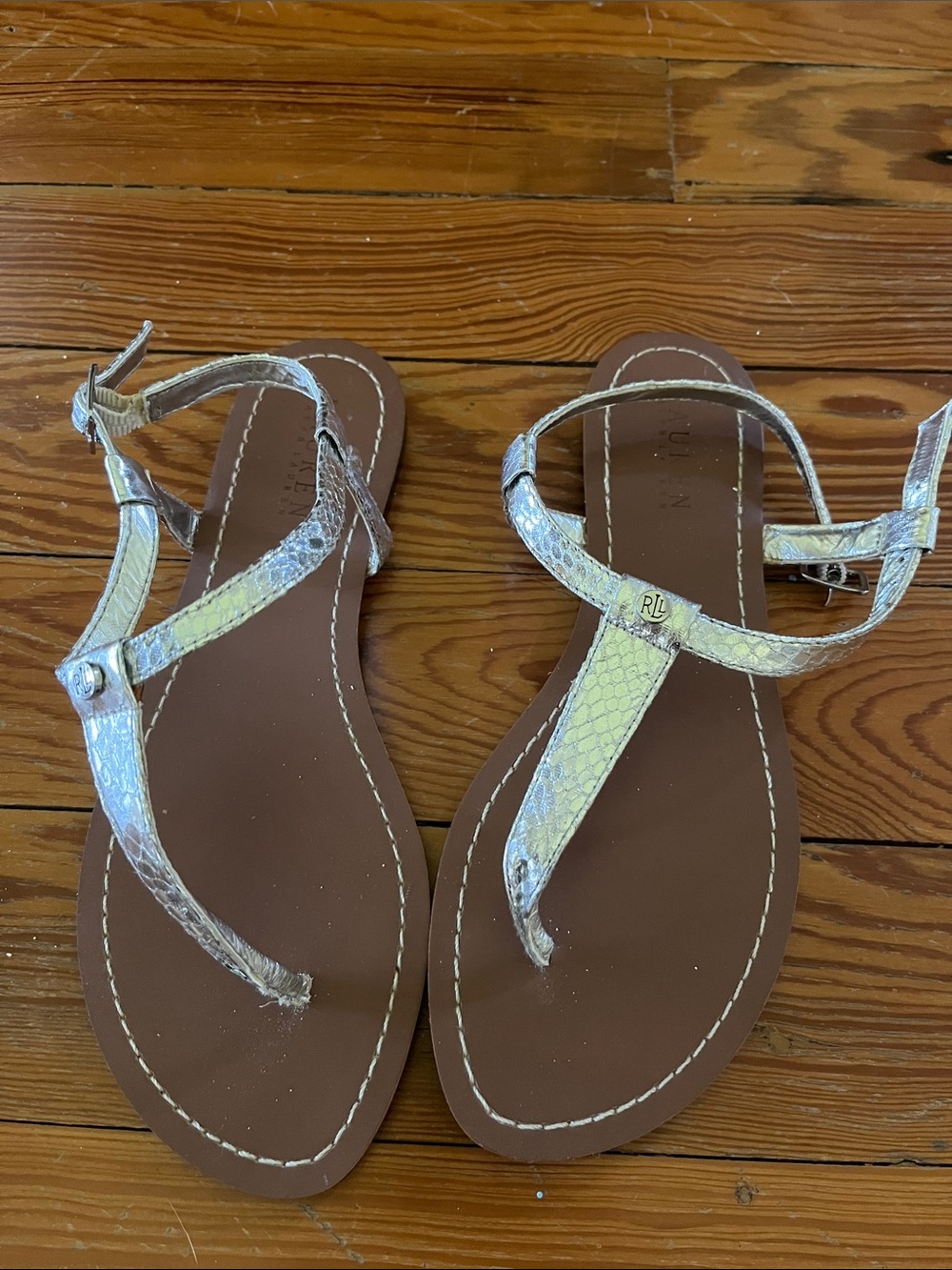 Lauren Ralph Lauren Women’s Metallic Snake-Print T-Strap Sandals Silver 9B